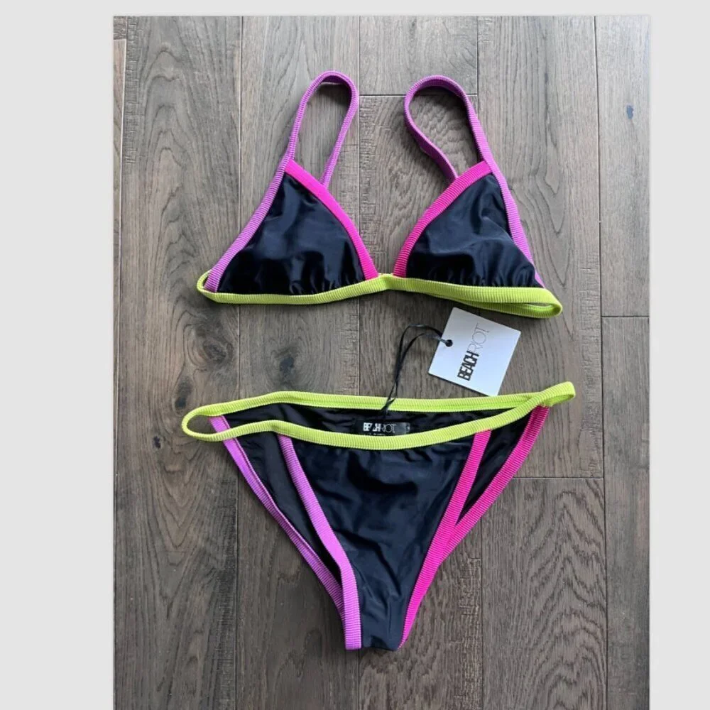 Beach Riot Mika Becca Bikini Set NWT Black Multi Swimwear Size Large Two Piece - Picture 2 of 6